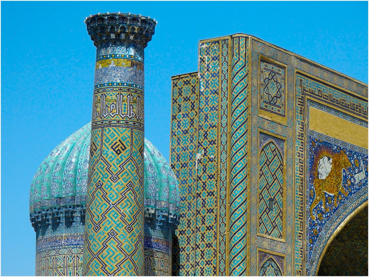 samarkand, registan square, uzbekistan, sher dor madrassah, tiger, nature, lion, mythical creatures, mosaic, sandy place, city square, madrasahs, minaret, turquoise, majolica, ceramic, tile