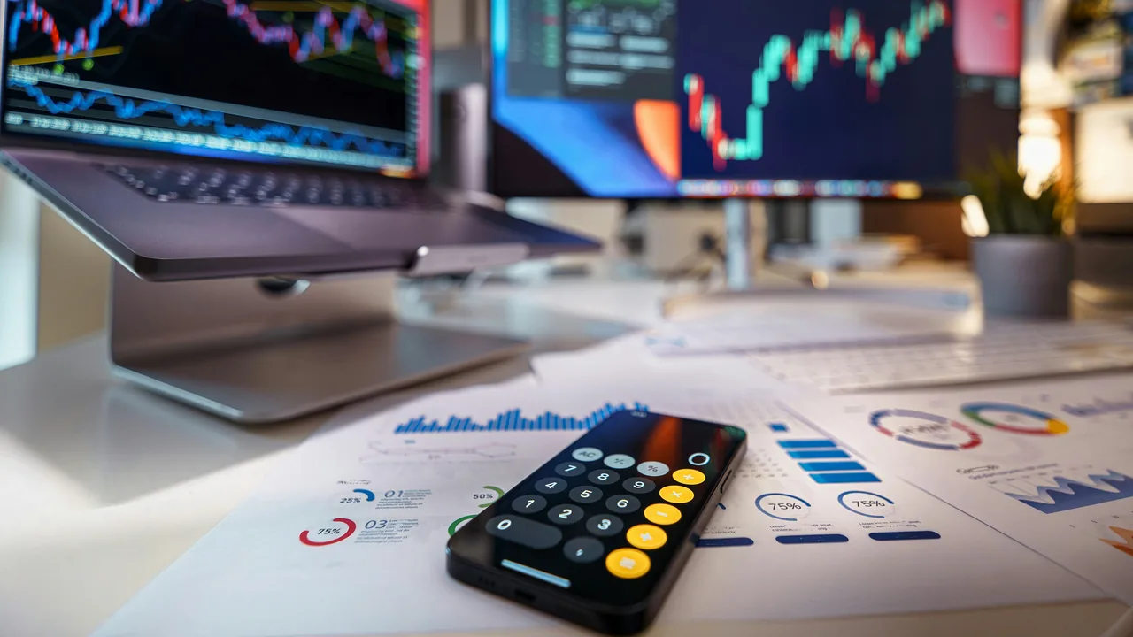 Calculadora do celular sobre planilhas com gráficos financeiros para planejar o estúdio