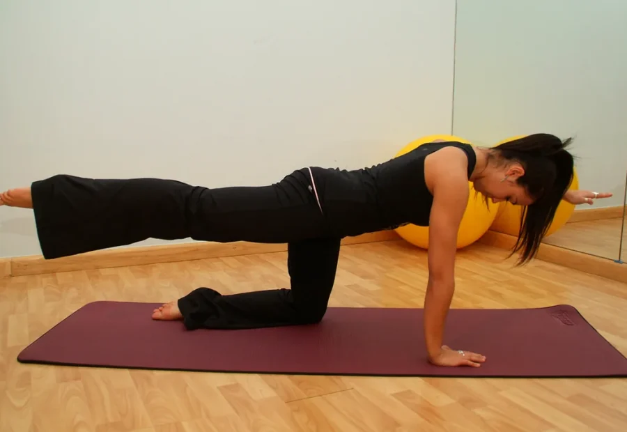 Pessoa demonstrando a posição Bird Dog no Pilates, com apoio das mãos e dos joelhos no colchonete.